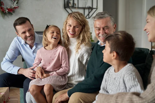 Family of different generation spending time on Christmas time and having fu