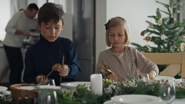 Twee Blanke Kinderen Die Tafel Klaarmaken Voor Kerstavond Opgenomen Met — Stockvideo