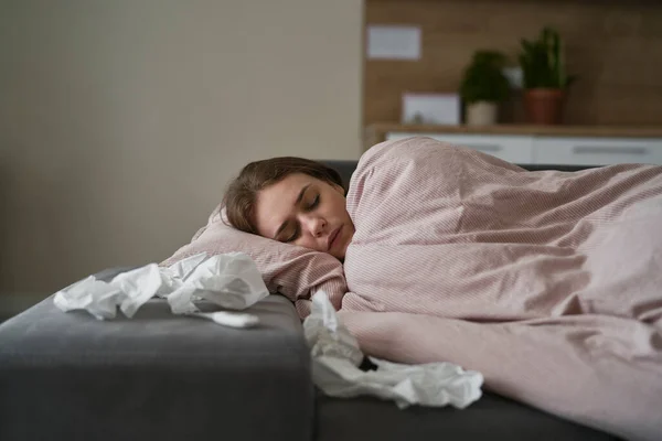 Sleeping Caucasian Woman Illness — Stock Photo, Image