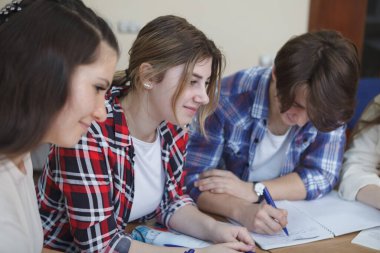 Neşeli üniversiteli kız gülümsüyor, sınıfta arkadaşlarıyla ders çalışmaktan zevk alıyor.