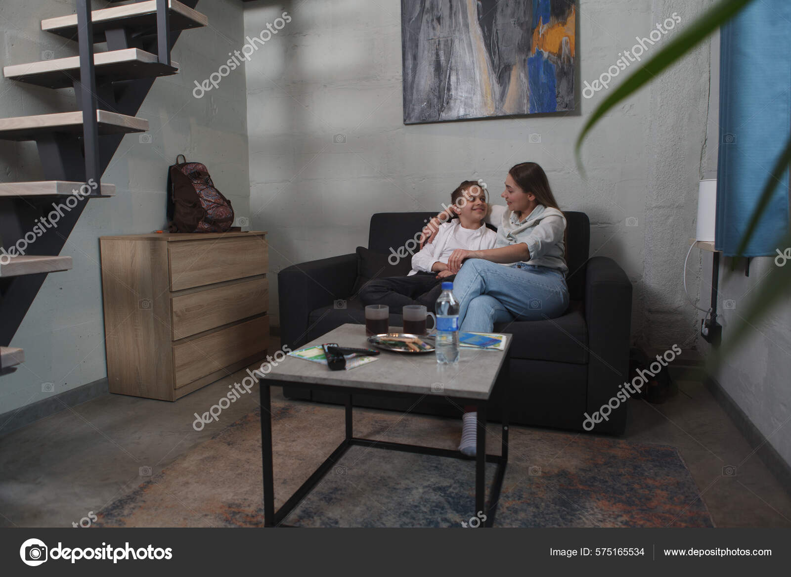 Full Length Shot Mother Son Sitting Couch Hotel Room Stock Photo by  ©bjjenzor@gmail.com 575165534