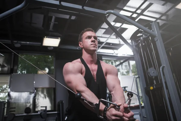 Handsome Ripped Sportsman Doing Chest Muscles Exercise Cable Crossover Gym — Foto de Stock