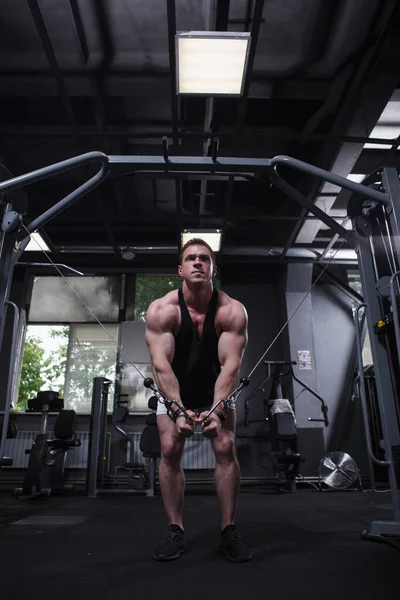 Vertical Full Length Shot Bodybuilder Focusing Training Cable Crossover Gym — Stock fotografie