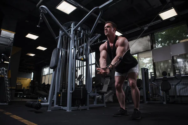 Ripped Young Bodybuilder Doing Chest Cable Crossover Exercise Gym Copy — Foto de Stock