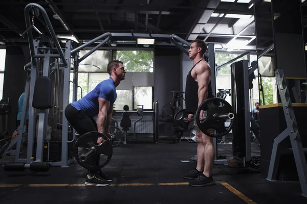 Profile Full Length Shot Twin Brothers Bodybuilder Doing Barbell Deadlift — Stok fotoğraf