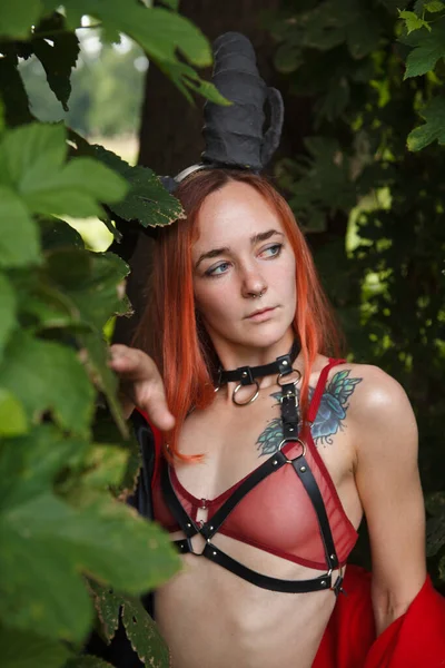 Sinnliche Gothic Girl Mit Hörnern Und Ledergeschirr Halloween Thema Sexy — Stockfoto