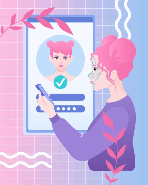 Mujer sostiene teléfono inteligente, pantalla con cara avatar ID en el fondo. Ilustración vectorial en estilo memphis — Vector de stock