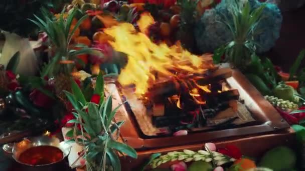 Blommor Och Frukter För Att Erbjuda Vid Yagya Brand Ceremoni — Stockvideo