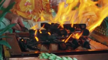 Yagya Ateş Töreni 'nde sunulan çiçekler ve meyveler geleneksel kutsal Hindu ayinlerinde geleneksel Yagya Ateş Töreni' nde sunulan meyveler.