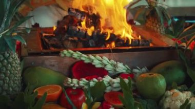 Yagya Ateş Töreni 'nde sunulan çiçekler ve meyveler geleneksel kutsal Hindu ayinlerinde geleneksel Yagya Ateş Töreni' nde sunulan meyveler.