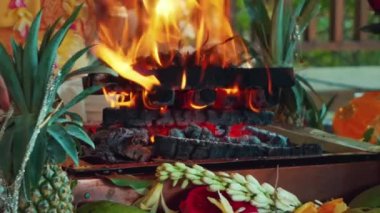 Yagya Ateş Töreni 'nde sunulan çiçekler ve meyveler geleneksel kutsal Hindu ayinlerinde geleneksel Yagya Ateş Töreni' nde sunulan meyveler.