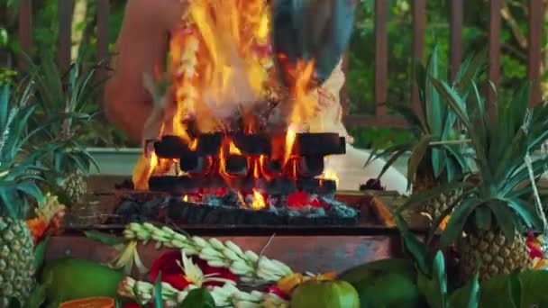 Flores Frutas Para Ofrenda Ceremonia Fuego Yagya Ritual Sagrado Tradicional — Vídeo de stock