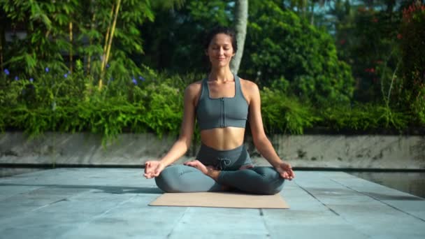 Young Attractive European Brunette Sports Girl Makes Yoga Nature Green — Stock Video