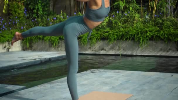 Young Attractive European Brunette Sports Girl Makes Yoga Nature Green – Stock-video