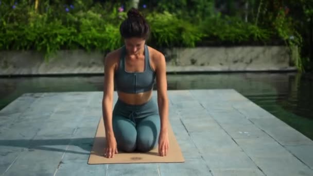 Jovem Atraente Europeu Morena Esportes Menina Faz Ioga Natureza Com — Vídeo de Stock