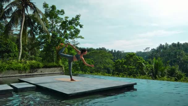 Una Joven Morena Europea Atractiva Hace Yoga Naturaleza Con Una — Vídeos de Stock