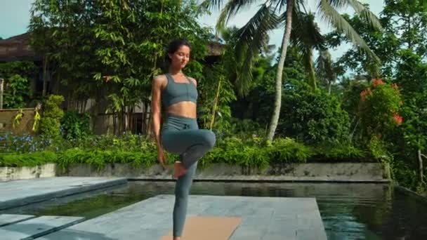 Young Attractive European Brunette Sports Girl Makes Yoga Nature Green — Stockvideo