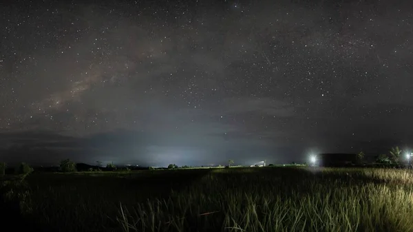 Voie Lactée Panorama Galaxie Nuit Dans Zone Lumineuse Ville — Photo