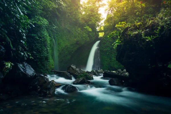 Pemandangan Alam Indonesia Dengan Air Terjun Pagi Hari Matahari Bersinar Stok Foto