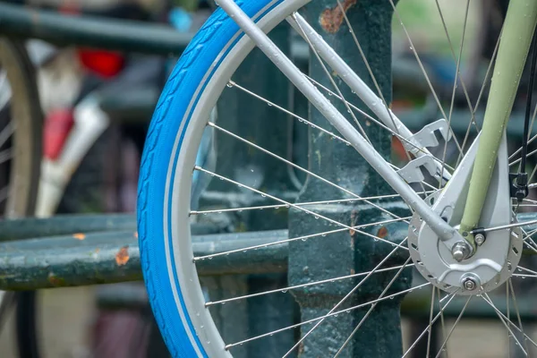Κάτω Χώρες Τροχός Ποδηλάτων Κοντά Στο Φράχτη Του Καναλιού Σταγόνες — Φωτογραφία Αρχείου