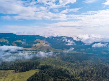 Ukrayna Karpatları 'nda yaz günü. Eski dağlar ormanla kaplıdır. Alçak bulutlar ender evlerle vadide asılı duruyor. Hava görünümü