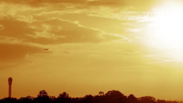 Golden Sunset Sky Park Airplane Takeoff Airport — Stockvideo