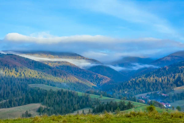 Sunny Morning Summer Ukrainian Carpathians Light Mist Wooded Mountains Rays — Stok fotoğraf