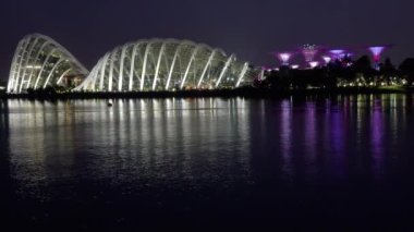 Night Singapore. Water view of Flower Dome and Supertree Grove