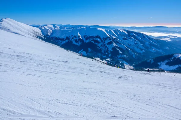斯洛伐克 冬季滑雪胜地Jasna 从白雪覆盖的山顶俯瞰全景 滑雪者滑行的滑雪场 — 图库照片