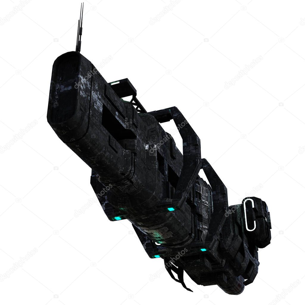 black scifi spaceship on white background