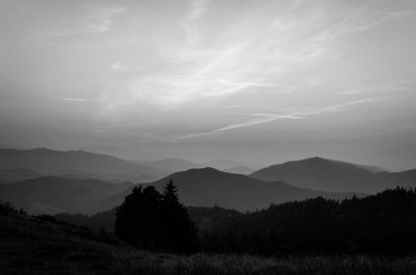 Dağlar ve günbatımı Karpatlar Ukrayna. Bir dağın sisli çıkıntısı, güzel bir akşam, güneş geniş bir vadide battı. Ufukta ağaçlar var. Dağlarda sis var. Siyah beyaz fotoğraf