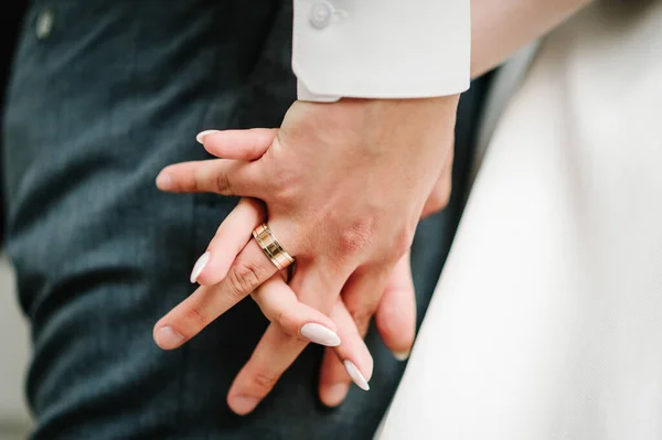 Bride Groom Holding Hands Engagement Bottom View Newlyweds Outdoors Close — Stock Photo, Image