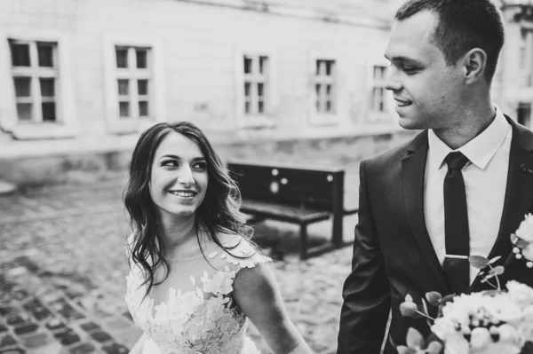 Loving Wedding Couple Walking Streets City Lviv Black White Photo — стоковое фото