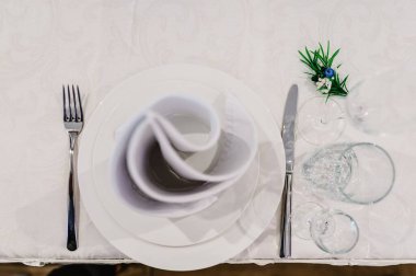 Servis, kurma masası. İki tabak ve çatal bıçak takımı keten peçete ve dal yeşili. Düğün masası dekorasyonu. Sanat eserleri. Düz yat. Üst Manzara. Kapat..