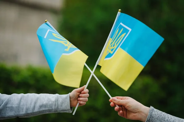 Украинский Желтый Синий Флаг Развевается Ветру Мама Ребенок Держат Флаг — стоковое фото
