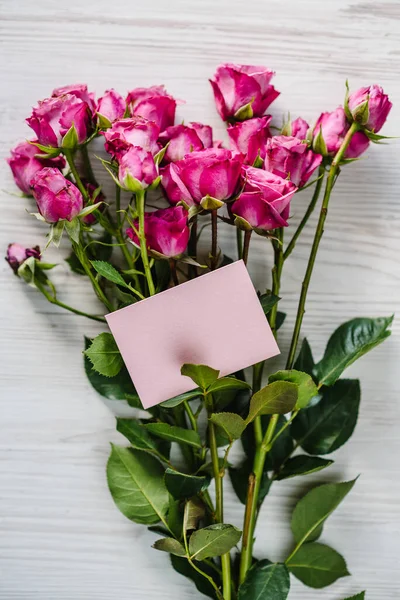 Postcard Bouquet Small Pink Roses Wooden Background Space Text Message — Zdjęcie stockowe