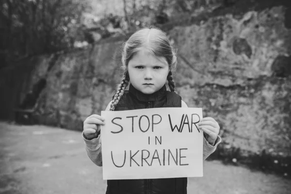 Portrait Little Upset Child Calls War Raises Banner Inscription Stop — Stockfoto