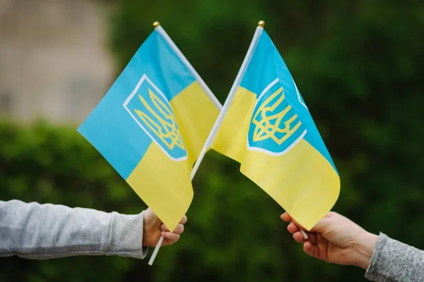 Мама Ребенок Держат Флаг Руках Митинге Украинский Желтый Синий Флаг — стоковое фото