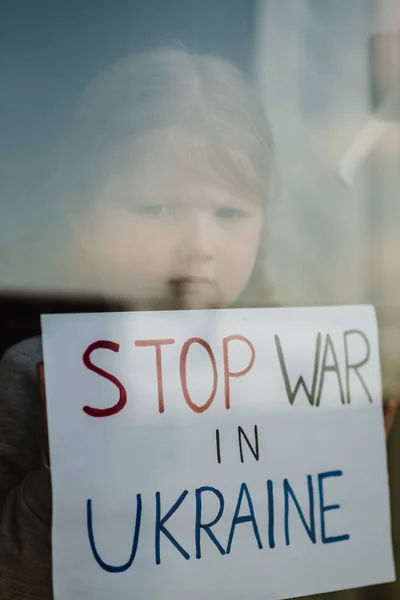 Child Window Calls War Poor Girl Protesting War Conflict Raises — стоковое фото