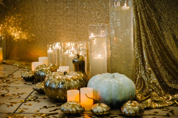 Decorated Table Wedding White Balloons Candles Autumn Leaves Small Pumpkins — стоковое фото