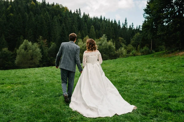 Bride Groom Back Walking Holding Hands Nature Back View Newlyweds — Stock Photo, Image