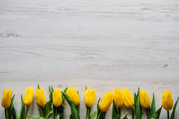 Fila Tulipanes Amarillos Sobre Fondo Blanco Rústico Madera Con Espacio — Foto de Stock
