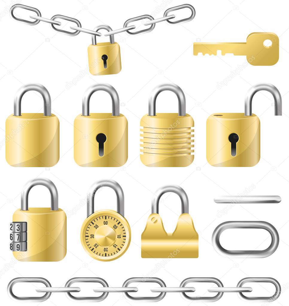 Golden lock and chain icon kit