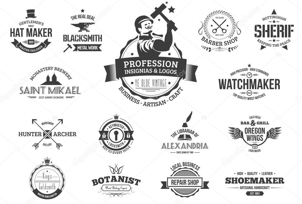 15 Vintage style labels for professions, business, jobs and artisans. Layers outlined.