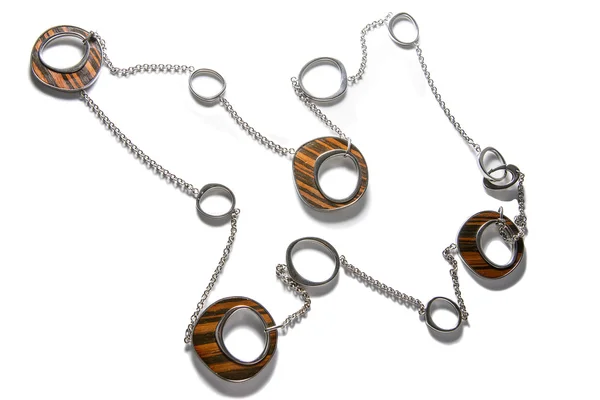 Metal and Wood Necklace Isolated on White. — Stock Photo, Image