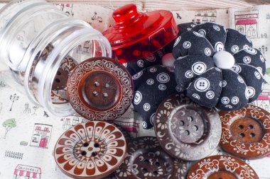 Cam Kavanoz, neddle durumda ve düğmeleri kumaş