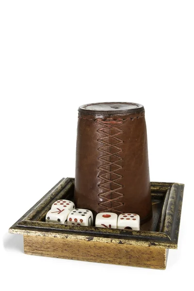 Old Beaker With Dices — Stock Photo, Image