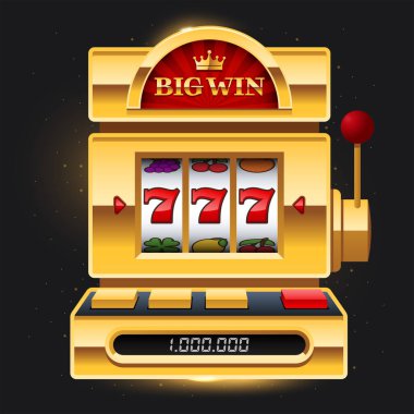 Golden slot machine on dark background with Big Win sign. Win 777 jackpot. Lucky seven, big win, casino vegas game. Jackpot triple seven. Vector illustration.