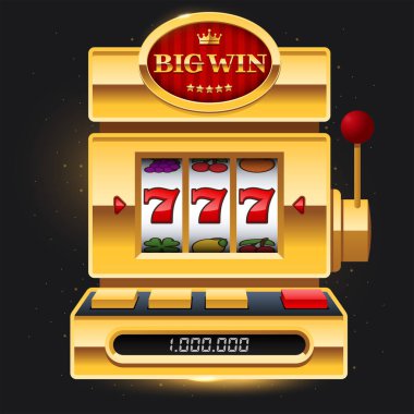 Golden slot machine on dark background with Big Win sign. Win 777 jackpot. Lucky seven, big win, casino vegas game. Jackpot triple seven. Vector illustration.