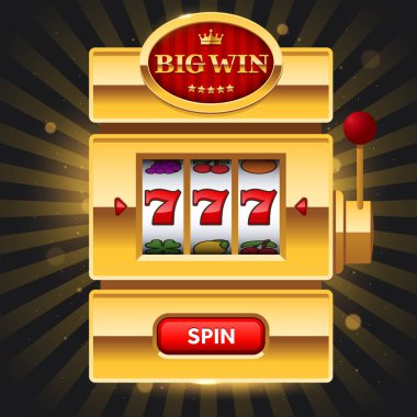 Golden slot machine on dark background with Big Win sign. Win 777 jackpot. Lucky seven, big win, casino vegas game. Jackpot triple seven. Vector illustration.